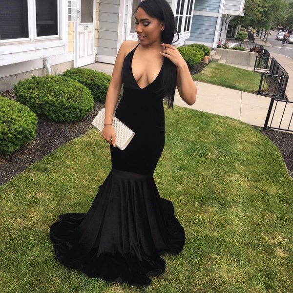 

black velvet formal dresses for girls halter deep v prom dresses long back straps cross mermaid evening party vestidos de graduacion