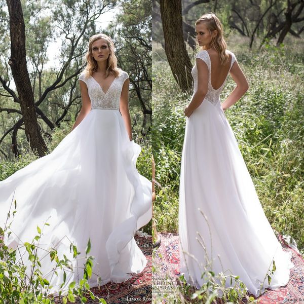 

2019 new vintage wedding dresses with capped sleeves deep v neck beaded sequins chiffon floor length bridal gowns, White