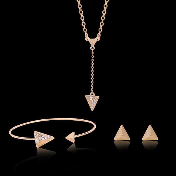 

necklace earrings bangle jewelry set vintage luxury fashion women rhinestone 18k gold plated triangles party jewelry 3-piece set js297, Black