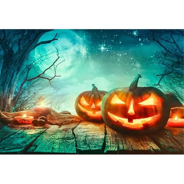 Kürbislaternen, Halloween-Party-Fotografie-Hintergrund, Holzboden, Nachthimmel mit Mond, glitzernde Sterne, Baby-Neugeborene, Kinder, Fotostudio-Hintergrund