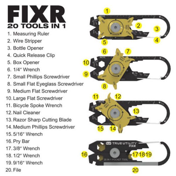 Hot True Utility FIXR 20-in-1-Multitools, Metall, schwarzer Edelstahl, Taschenwerkzeug-Schlüsselanhänger, Neu