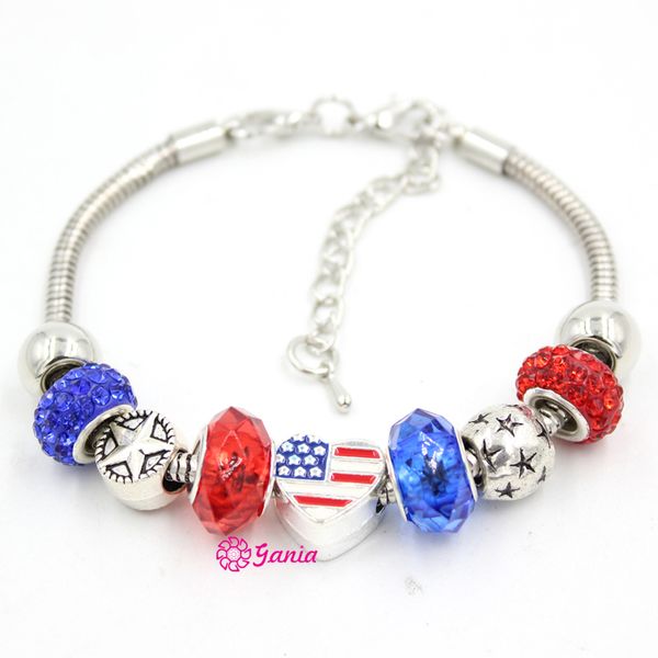 Nova chegada por atacado joias DIY pulseira estilo patriótico contas de estrela em forma de coração EUA pulseiras de bandeira americana para mulheres