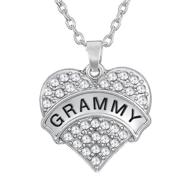 

family member grammy crystal rhinestone jewelry heart chain necklaces & pendants rhodium plated, Silver