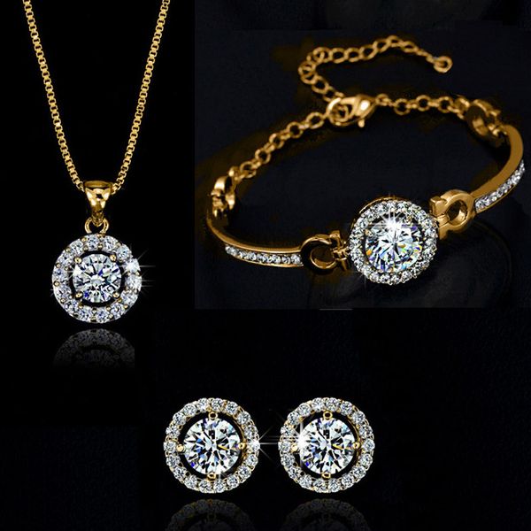 

new fashion 18k gold plated austrian crystal necklace bracelet earrings jewelry set made with warovski elemtns wedding jewelry 3pcs/set, Black
