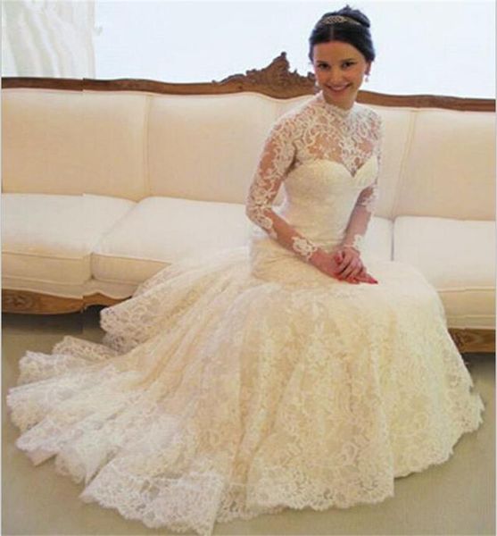

garden mermaid wedding dresses illusion high neck lace bridal dresses illusion sleeve floor length spring summer wedding gowns, White