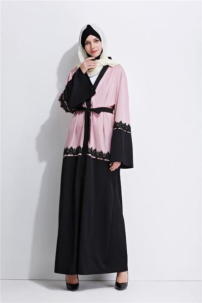 

new plus size muslim women lace kaftan dress long sleeved patchwork open abaya dress s-2xl robes, Red