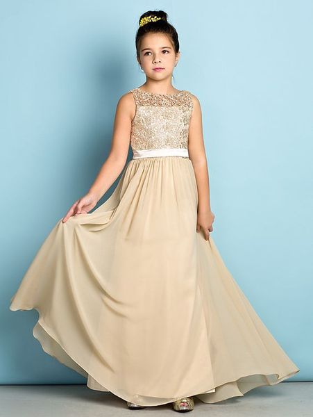 

champagne lace junior bridesmaid dresses for girl floor-length chiffon long a-line scoop flower girls bridesmaid dress custom made, Blue;red