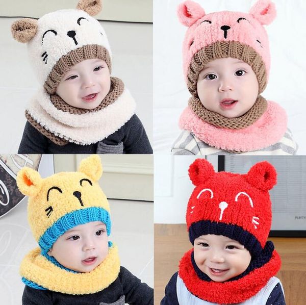 Kinder Wolle Strickmütze Schal 2 teile/satz Baby Nette Häkeln Warme Dicke Kaschmir Katze Ohr Kappe Beanie Herbst Winter Mädchen jungen Schals