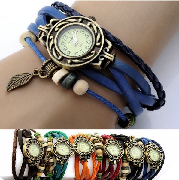 

New Vintage Retro Leaf Leather Strap Roma Number Dial Woman Watch Bracelet Black,brown,green,orange,red,white Wristwatch