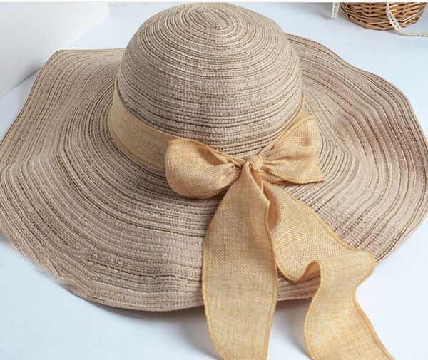 

fashion women's foldable wide large brim ladies' cap beach bowknot sun caps floppy straw hat summer hats for women, Blue;gray