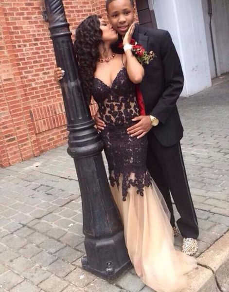 

2016 black lace mermaid prom dresses with spaghetti applique lace zipper african tulle long evening pageant gowns