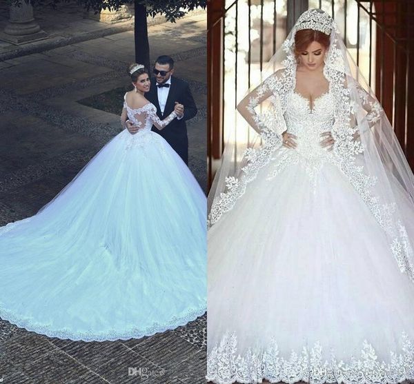 

ball gown lace wedding dresses 2019 long sleeve transparent winter style custom princess bridal vestido de novia tulle, White