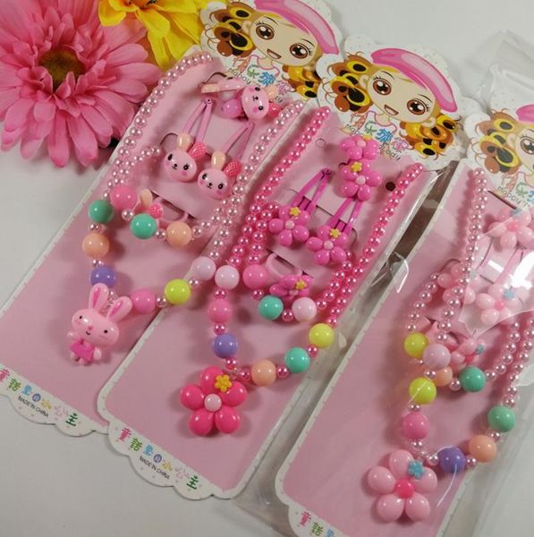 

kids gift jewelry set girl pearl beads cartoon pendants necklace bracelet ring hair clip hairband set christmas party bag filler prize pink, Red;brown