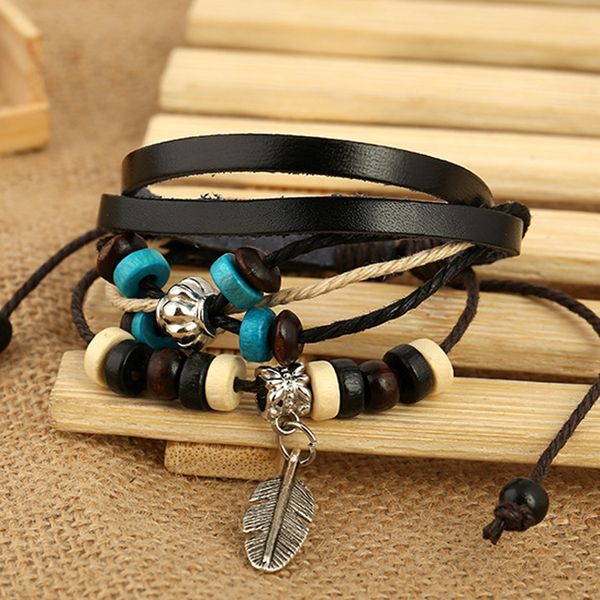 

alloy silver plated leaf pendant leather adjustable charm bracelets handmade jewelry cuff for women girl men, Golden;silver