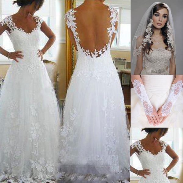 

2016 nicest wedding dresses ever a-line v neck sheer panel back court train bridal gowns (get veil and gloves for, White