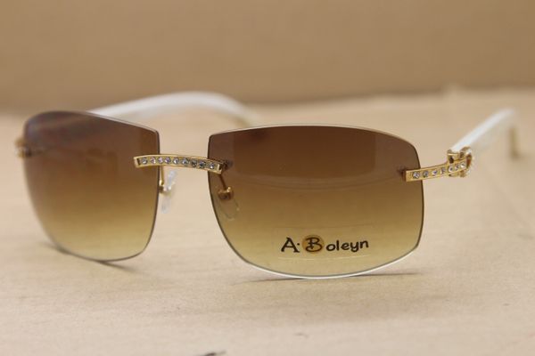 

mens rimless white genuine natural buffalo horn sunglasses big diamond sunglasses driving glasses c decoration gold frame size:62-18-140mm, White;black