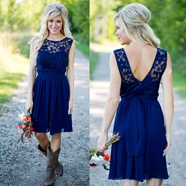 Country Style Newest Royal Blue Chiffon And Lace Short Western