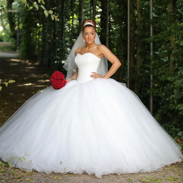

luxury beaded ball gown wedding dresses sweetheart tulle floor length backless plus size wedding dresses style bridal dresses, White