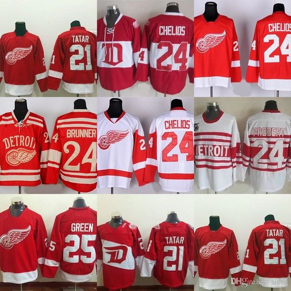 

factory outlet men's detroit red wings #21 tomas tatar #24 chelios brunner bob probert #25 mike green red white new ice hockey jerseys, Black;red
