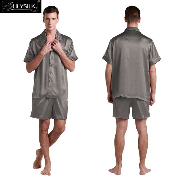 

wholesale-lilysilk 100% pure silk mens short pajamas set pijama masculino 22 momme short sleeve classic luxurious summer sleepwear, Black;brown
