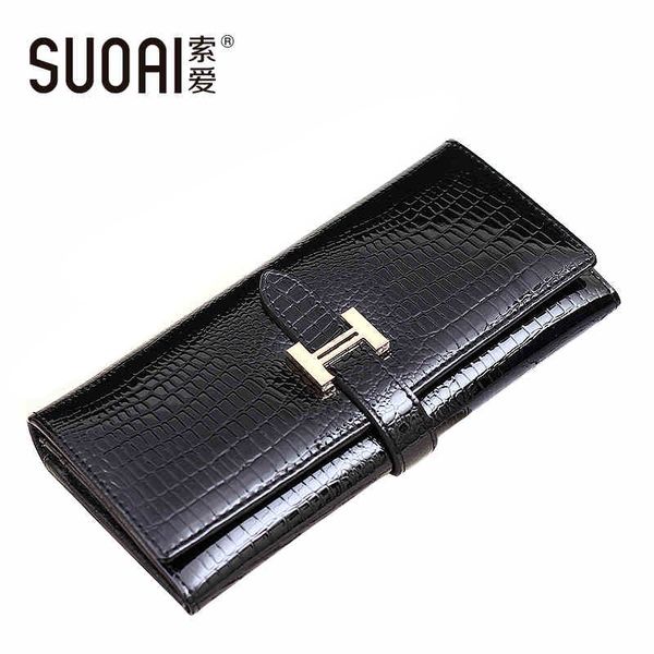 

Wholesale- SUOAI 2017 High Quality Genuine Leather Wallets Women Long Purse Vintage Alligator Genuine Leather Wallet