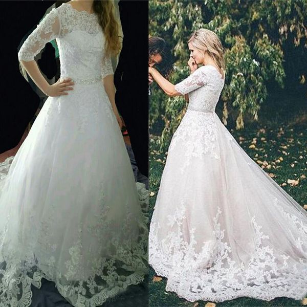 

modest chapel train ivory applique tulle plus size illusion half sleeves bridal gowns vintage beaded lace a line wedding dresses, White