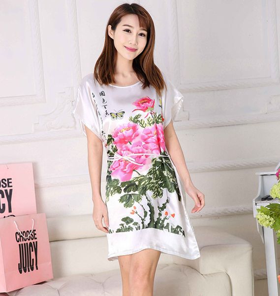 

wholesale- summer new arrival white chinese lady robe faux silk bathrobe nightgown novelty print sleepwear bath gown floral  s005, Black;red