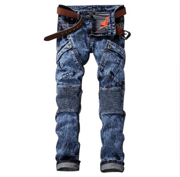 

fashion mens biker jeans pants multi pockets slim fit pleated motorcycle denim joggers male brand designer cargo jean trousers, Blue