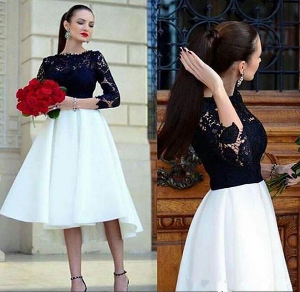 

2018 modest arabic white elastic satin and black lace short prom dresses long sleeves high low evening party prom dresses custom made