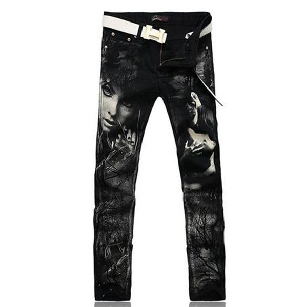

new men's leisure fashion personality, cultivate one's morality show thin cotton denim printing straight black trousers / 7896 28, Blue