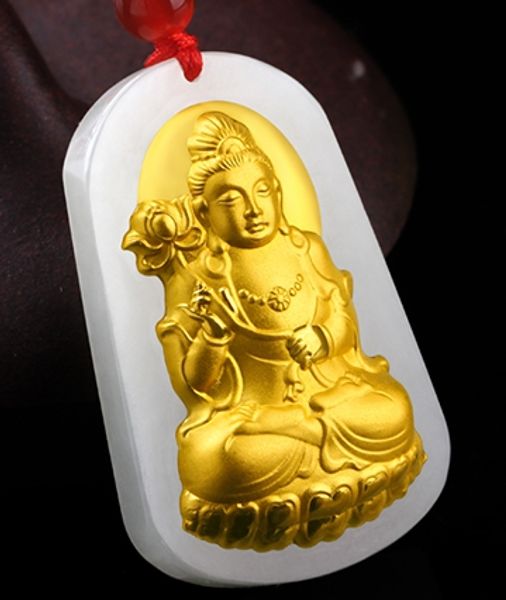 

gold inlaid jade trend to bodhisattva (protector). talisman necklace pendant., Silver
