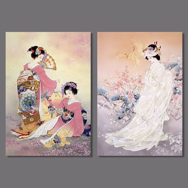 

японский стиль картины украшения цветок сливы розовый кимоно леди холст роспись стены искусства вися японская гостиная без рамы