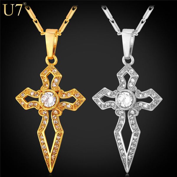

unique Vintage Gold Cross Pendant For Men With Cubic Zirconia 18K Real Gold Plated Women Religious Jewelry Cross Necklace P784