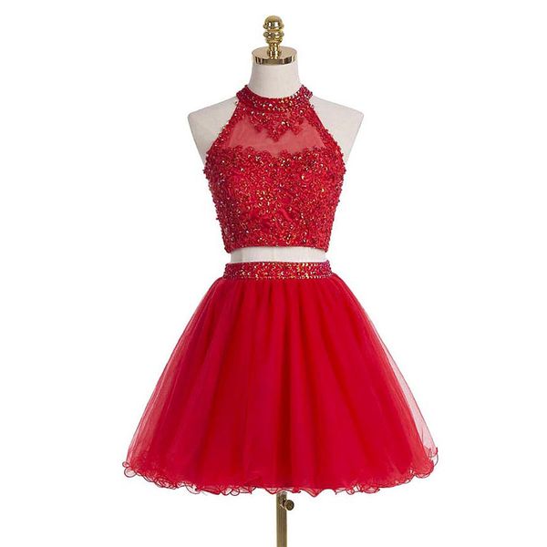 Abiti da ballo corti in due pezzi Collo alto senza maniche Tulle rosso Appliques in pizzo con perline Tagliati sul retro Abiti da festa per il ritorno a casa