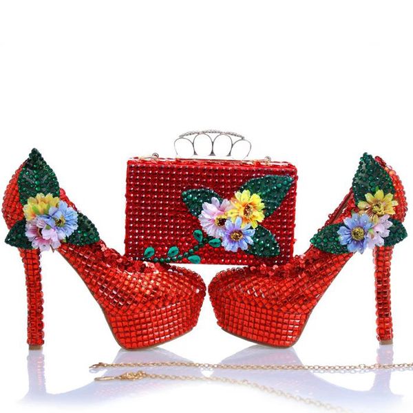 Новый дизайн красный горный хрусталь каблуки с аппликациями сумка и кристалл Свадебные туфли для новобрачных ну вечеринку выпускного вечера насосы с муфтой