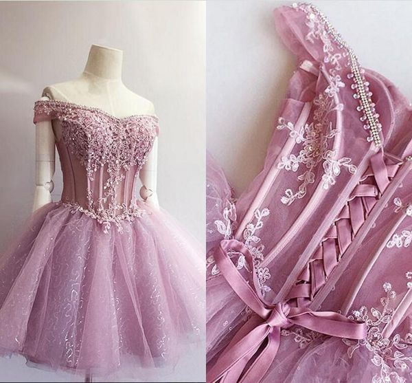 

off shoulder homecoming dresses lace applique sequins beaded see through short party gowns cocktail knee length formal party dresses, Blue;pink