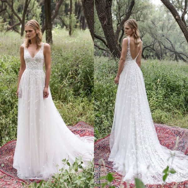 

2019 new country style wedding dresses v neck backless full lace wedding dress sweep train, White
