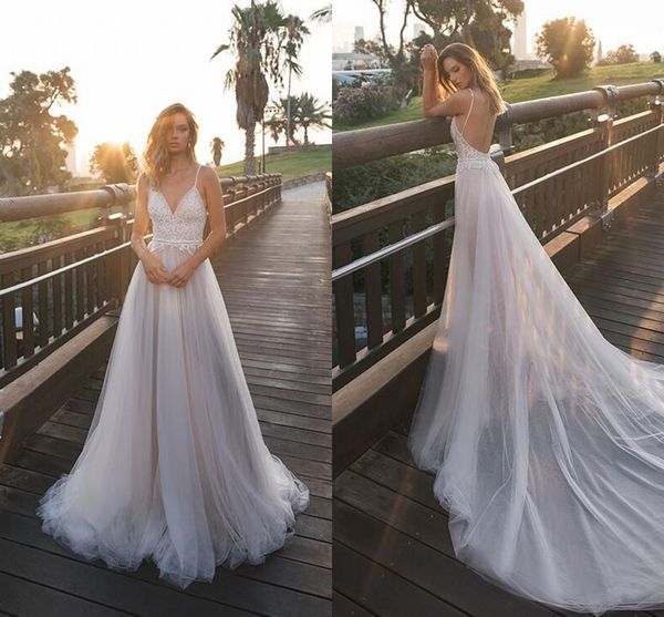 

vestido де noiva летний пляж линия свадебные платья 2017 сексуальные ремни спагетти кружева топ спинки тюль свадебные платья дешевые старинн, White