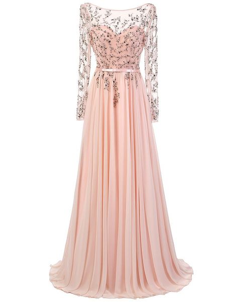 

elegant style light pink evening dresses long sleeve beaded appliques chiffon floor length girls party gowns custom made, Black;red