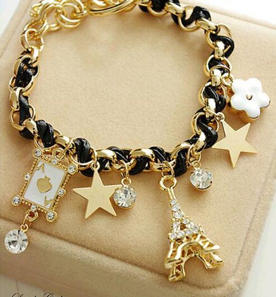 

star flower poker a paris eiffel tower crown rope braid bracelet sweet leather charm crystal bracelet, Golden;silver