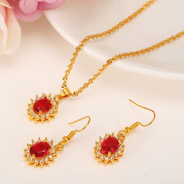 

luxury 14k yellow fine gold filled round jewelry earring pendant sets women wedding with red cubic zircon ing, Silver