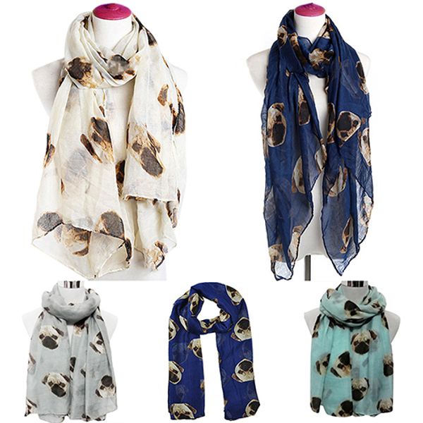 

wholesale-2016 women fantastic fashion long cute pug dog print voile wraps shawl soft scarf, Blue;gray