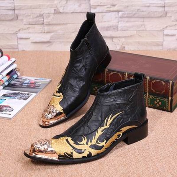 

new arrivel designer metal toe charm black high leather shoes fashion zipper short ankle boot for men emboridered shoes