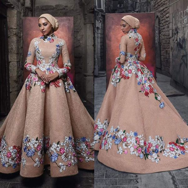 

champagne muslim lace wedding dresses with long sleeves high collar aline flower appliques bridal gowns arabic pus size wedding dress, White