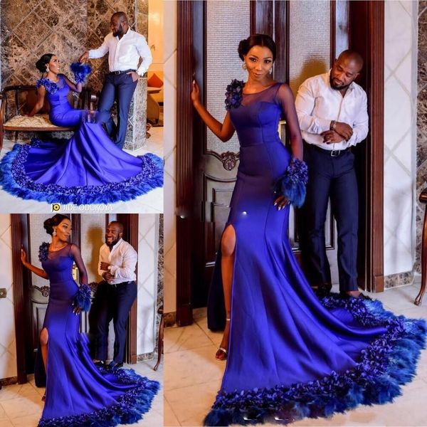 

Luxury Royal Blue Mermaid Evening Gowns Side Split One Shoulder Sheer Neck Prom Dresses Long Appliques Feather Celebrity Party Gowns