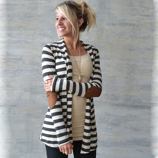 

wholesale-2020 autumn women black & white striped sleeve patch casual coat feminine fashion cardigans cappa, White;black