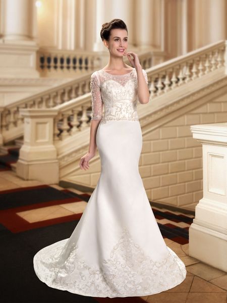 

Graceful Mermaid Wedding Dresses 2019 Newest Scoop Neck Exquiste Beaded Embroidered Half Sleeves Bridal Gowns Vestidos De Noiva Custom Made