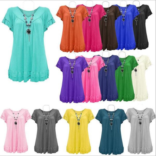 T-Shirt Donna Ruffles Collana Camicie Lady Scollo a V Fashion Top Camicetta casual T-shirt manica corta Camicia europea Blusas Abbigliamento donna B2782