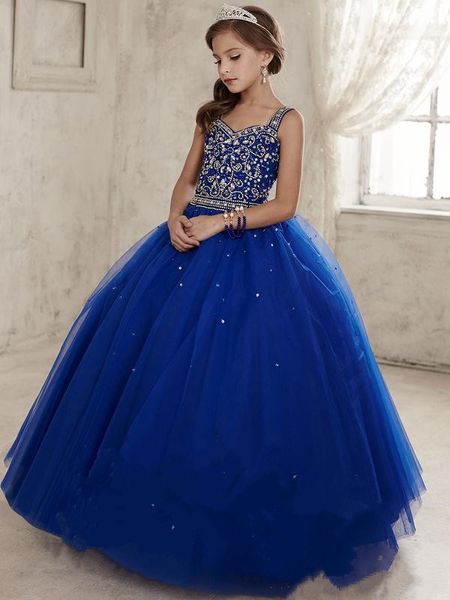 

Sparkly 2016 Royal Blue Girls Pageant Платья Принцесса бальное платье Тюль Длина пола Бисероплете