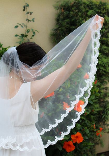 

luxury new sale romantic elbow white ivory lace applique veil bridal head pieces for wedding dresses, Black